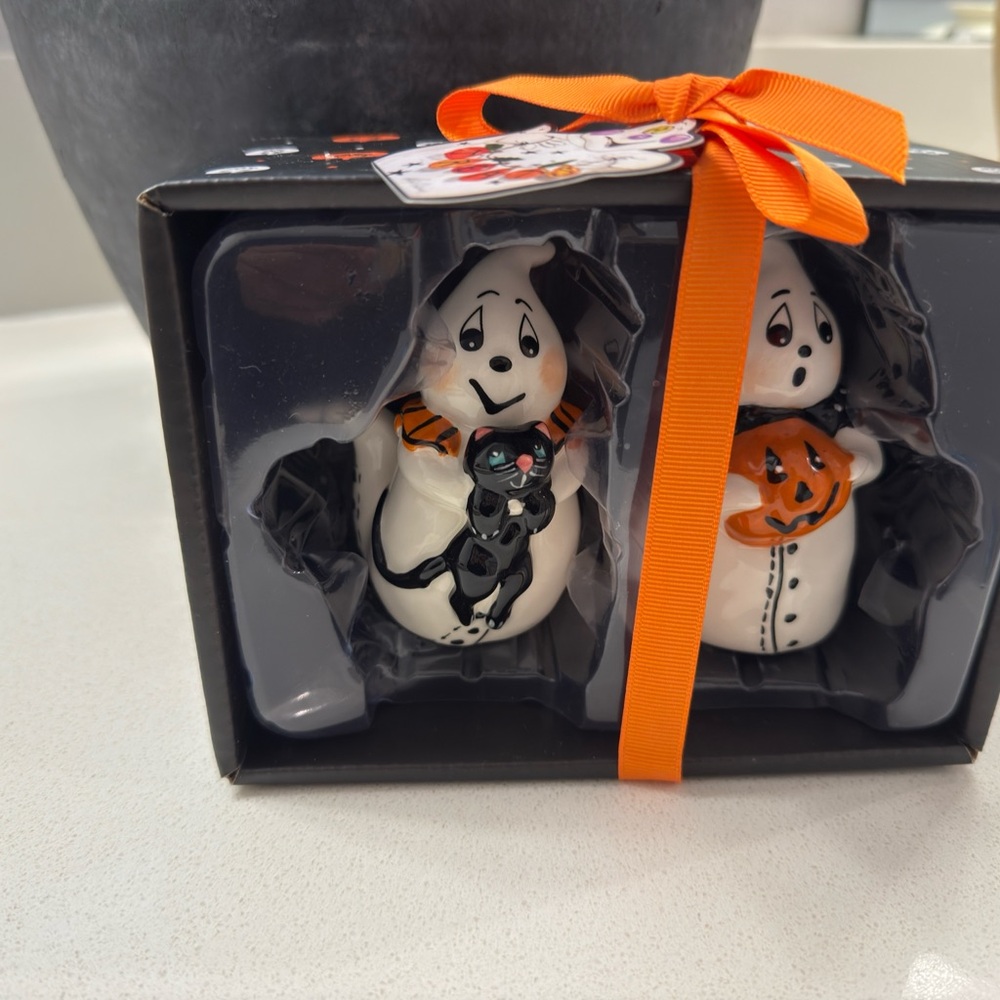 Blue Sky Halloween Ghost Figurines with Orange Accents